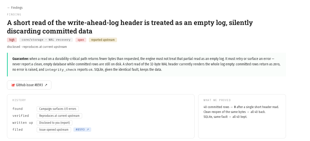 The finding as the customer saw it, with the link to the upstream issue.