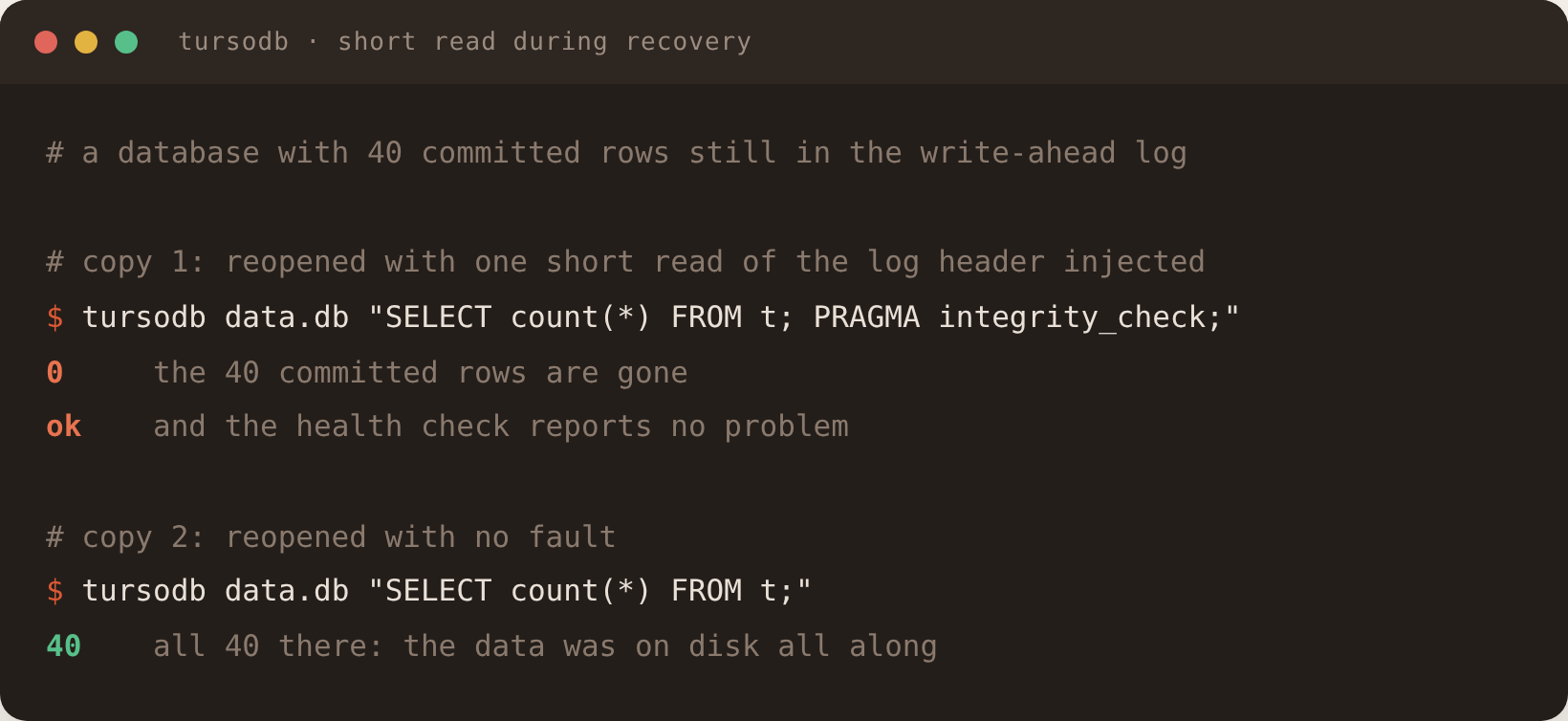 Terminal reproduction: a faulted reopen returns 0 rows and ok; a clean reopen returns 40 rows.